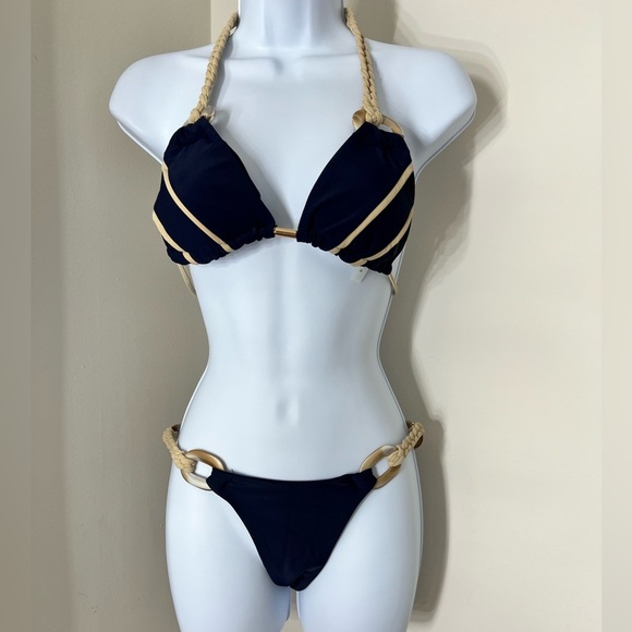 Navy Blue Rope Ties Halter Cheeky Bikini Set - Picture 2 of 12